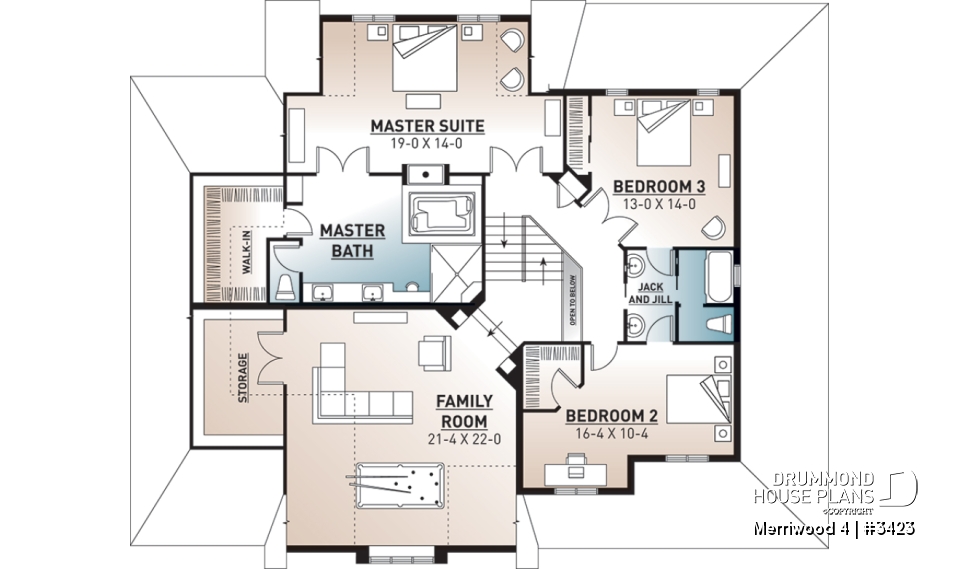 2nd level - Modern farmhouse plan, 3 beds. 2.5 baths, family &amp; living rooms, office, fireplace, laundry room, 3-car garage - Merriwood 4