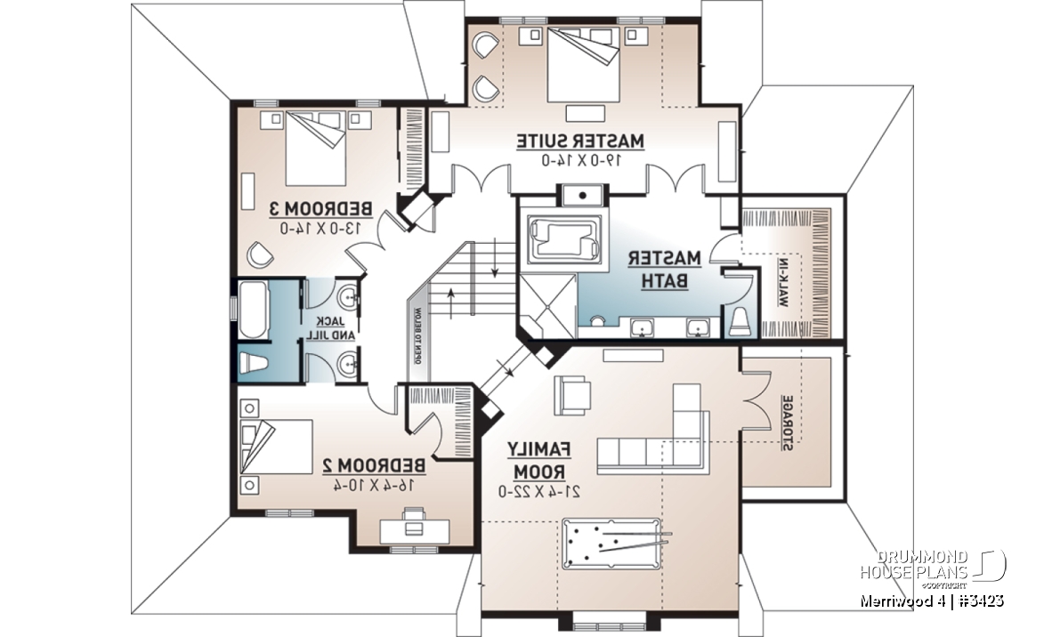 2nd level - Modern farmhouse plan, 3 beds. 2.5 baths, family &amp; living rooms, office, fireplace, laundry room, 3-car garage - Merriwood 4