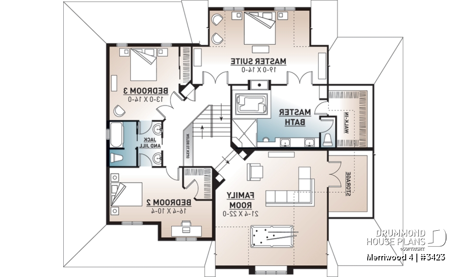 2nd level - Modern farmhouse plan, 3 beds. 2.5 baths, family &amp; living rooms, office, fireplace, laundry room, 3-car garage - Merriwood 4