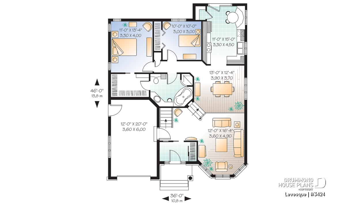 1st level - European style one storey house plan with sunken living room and pantry in kitchen - Levesque