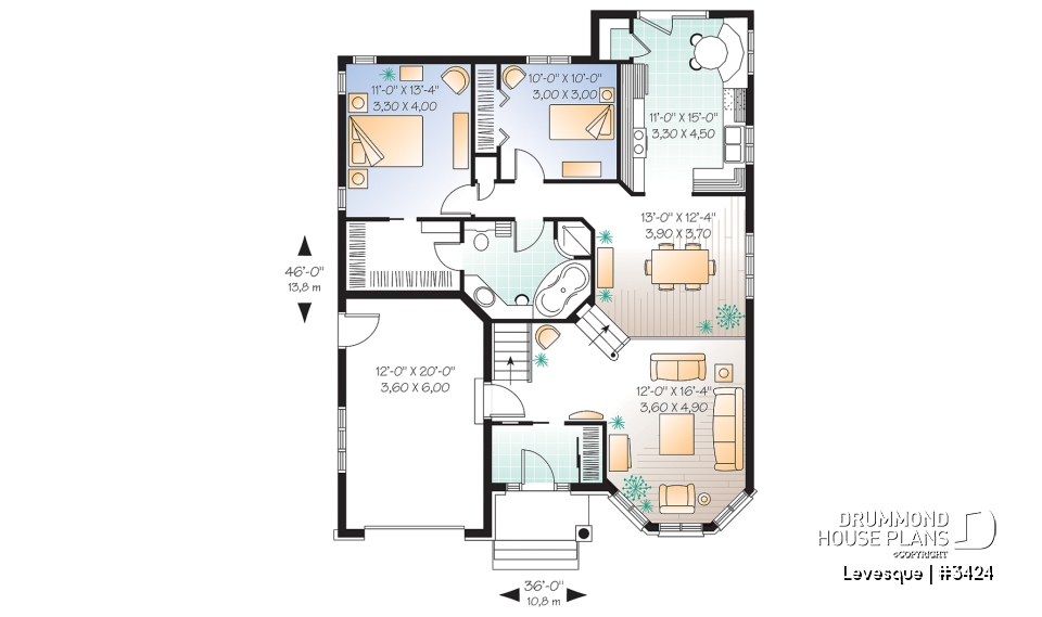 1st level - European style one storey house plan with sunken living room and pantry in kitchen - Levesque