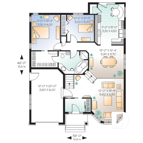 1st level - European style one storey house plan with sunken living room and pantry in kitchen - Levesque