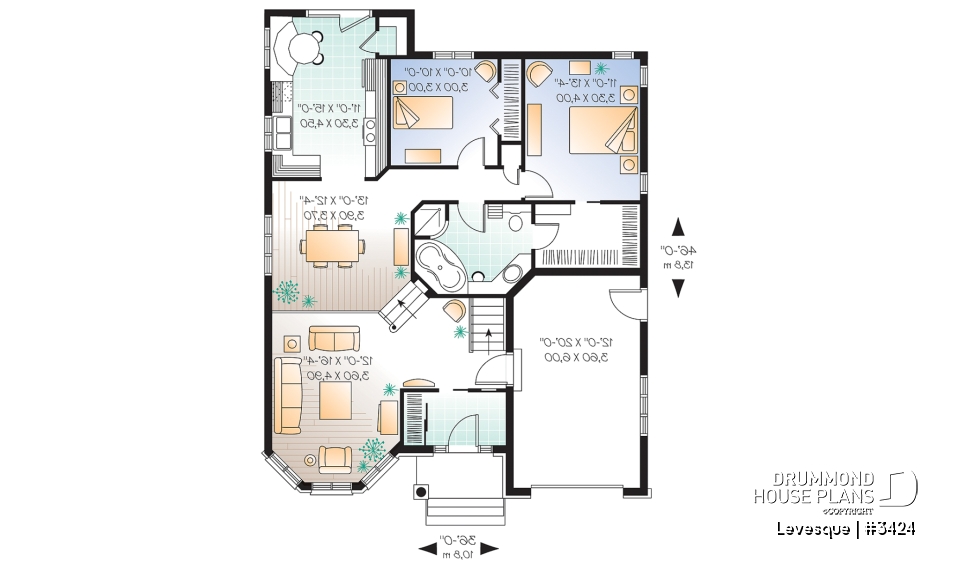 1st level - European style one storey house plan with sunken living room and pantry in kitchen - Levesque