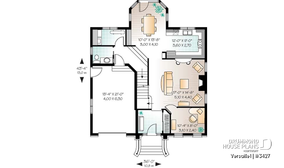 1st level - Beautiful European inspired house plan with master suite, 2 secondary bath, home office, garage - Versaille1