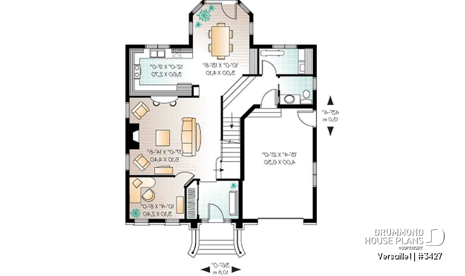 1st level - Beautiful European inspired house plan with master suite, 2 secondary bath, home office, garage - Versaille1