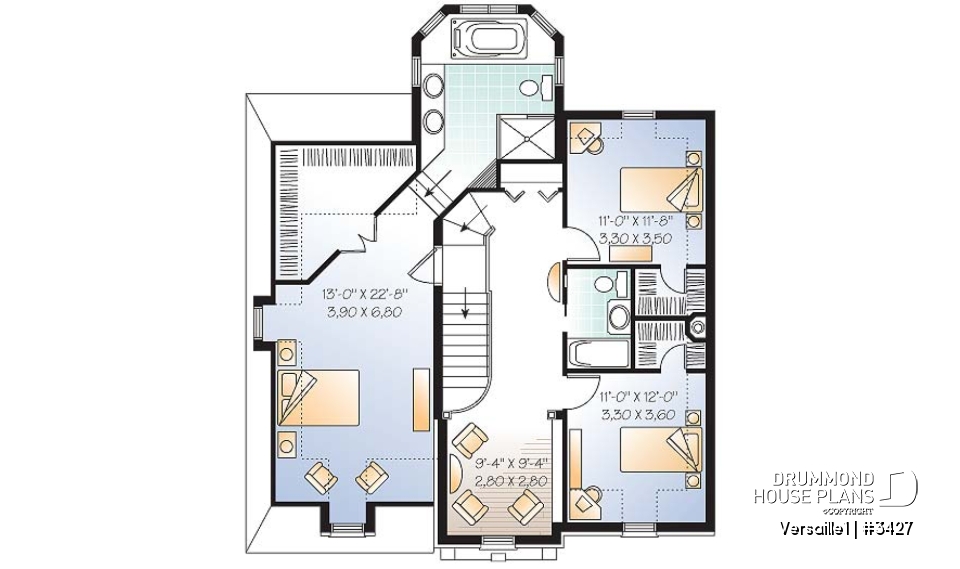 2nd level - Beautiful European inspired house plan with master suite, 2 secondary bath, home office, garage - Versaille1