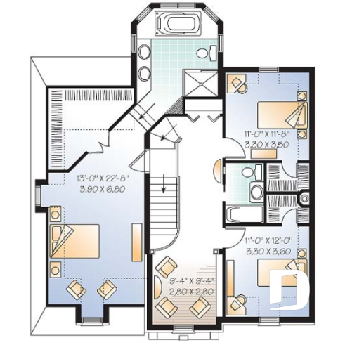 2nd level - Beautiful European inspired house plan with master suite, 2 secondary bath, home office, garage - Versaille1