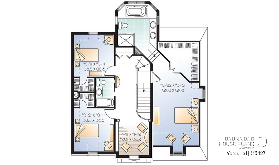 2nd level - Beautiful European inspired house plan with master suite, 2 secondary bath, home office, garage - Versaille1
