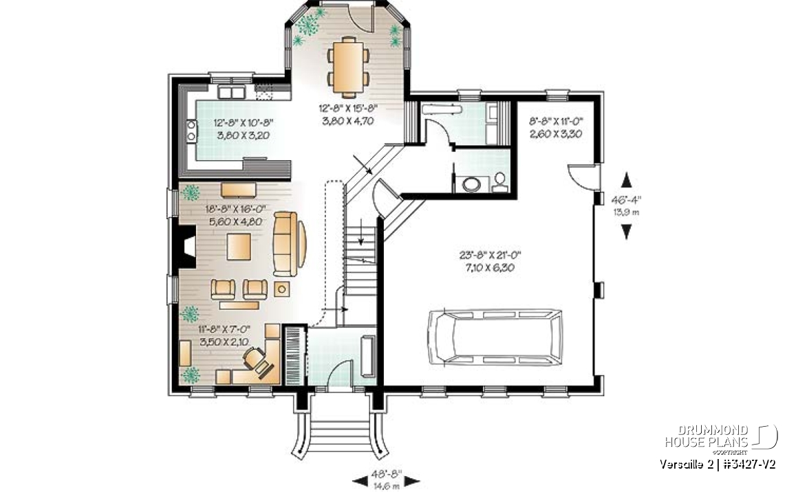 1st level - House plan with large master suite, double garage, 2 fireplaces and cathedral ceiling, mezzanine - Versaille 2