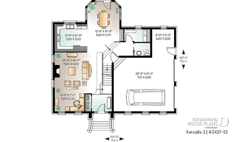 1st level - House plan with large master suite, double garage, 2 fireplaces and cathedral ceiling, mezzanine - Versaille 2