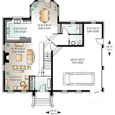 1st level - House plan with large master suite, double garage, 2 fireplaces and cathedral ceiling, mezzanine - Versaille 2