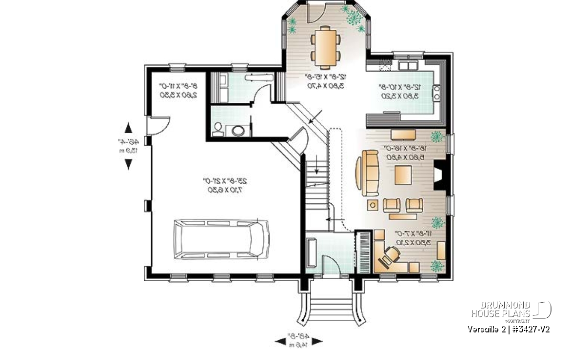 1st level - House plan with large master suite, double garage, 2 fireplaces and cathedral ceiling, mezzanine - Versaille 2