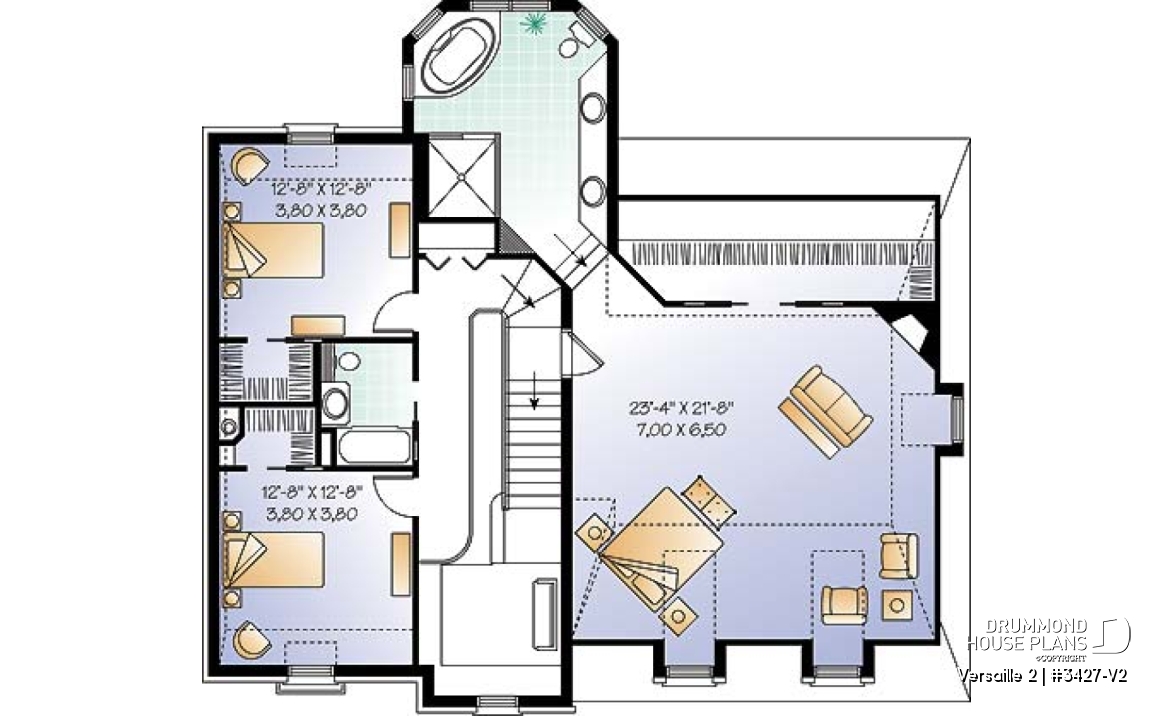 2nd level - House plan with large master suite, double garage, 2 fireplaces and cathedral ceiling, mezzanine - Versaille 2