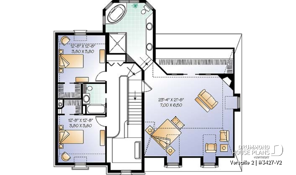 2nd level - House plan with large master suite, double garage, 2 fireplaces and cathedral ceiling, mezzanine - Versaille 2