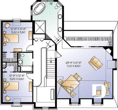 2nd level - House plan with large master suite, double garage, 2 fireplaces and cathedral ceiling, mezzanine - Versaille 2