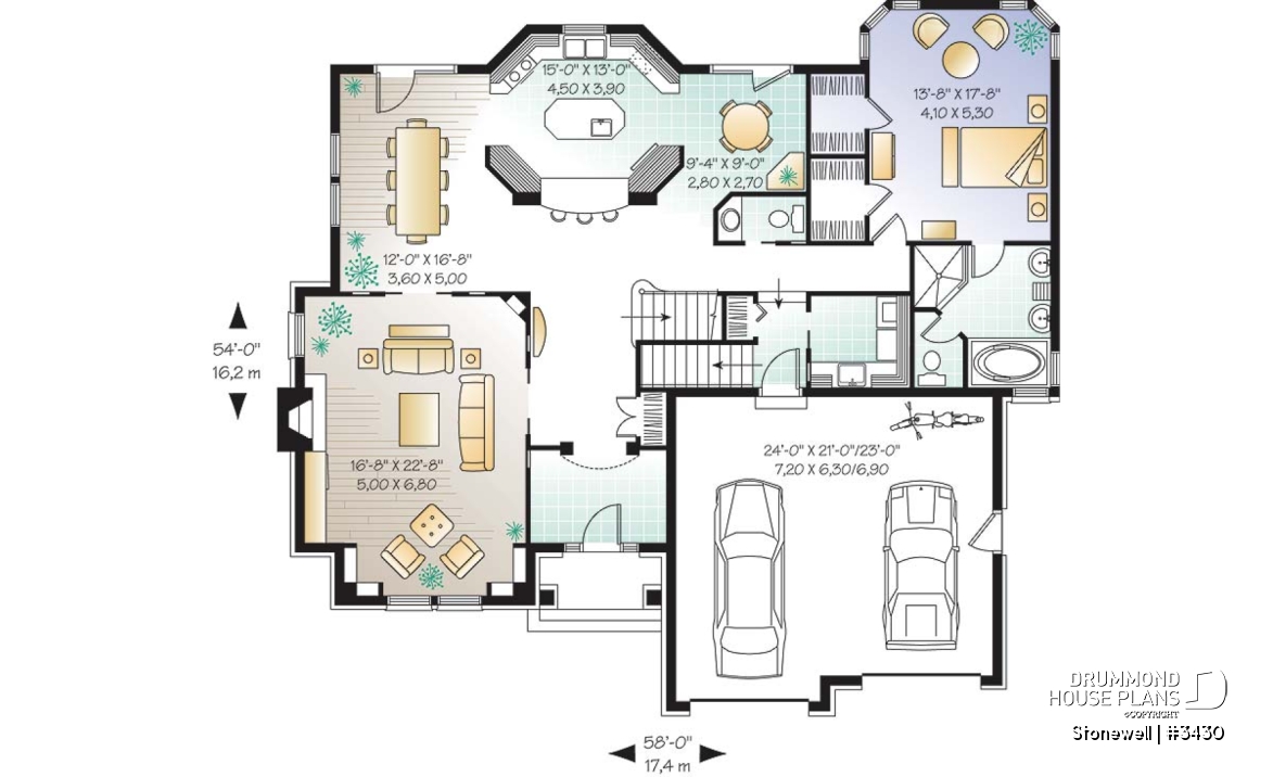 1st level - Europen home plan, 3 to 4 bedrooms, large bonus, master suite on main level, 2-car garage, formal living room - Stonewell