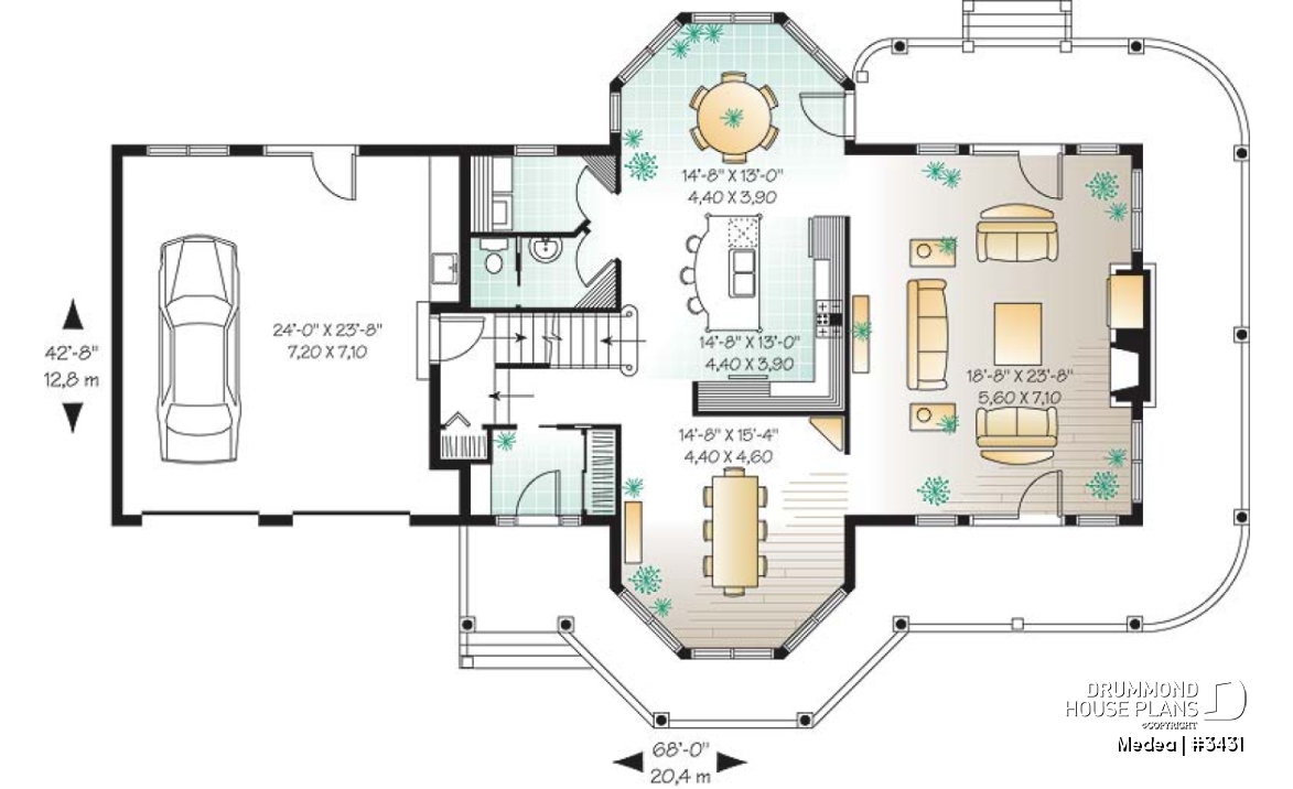 1st level - Modern Victorian home plan with 3 bedrooms, 2 living rooms, plenty of natural lights, 2-car garage - Medea