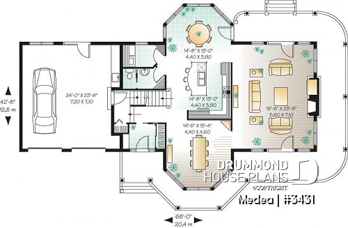 1st level - Modern Victorian home plan with 3 bedrooms, 2 living rooms, plenty of natural lights, 2-car garage - Medea