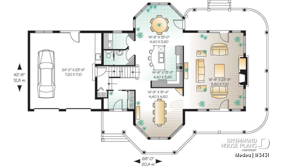 1st level - Modern Victorian home plan with 3 bedrooms, 2 living rooms, plenty of natural lights, 2-car garage - Medea