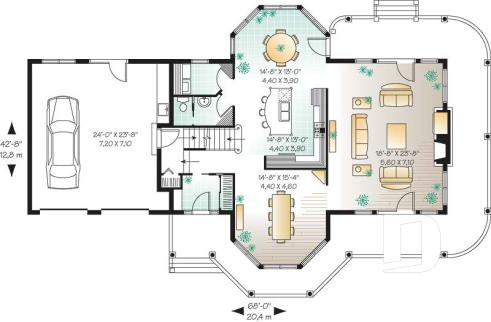 1st level - Modern Victorian home plan with 3 bedrooms, 2 living rooms, plenty of natural lights, 2-car garage - Medea