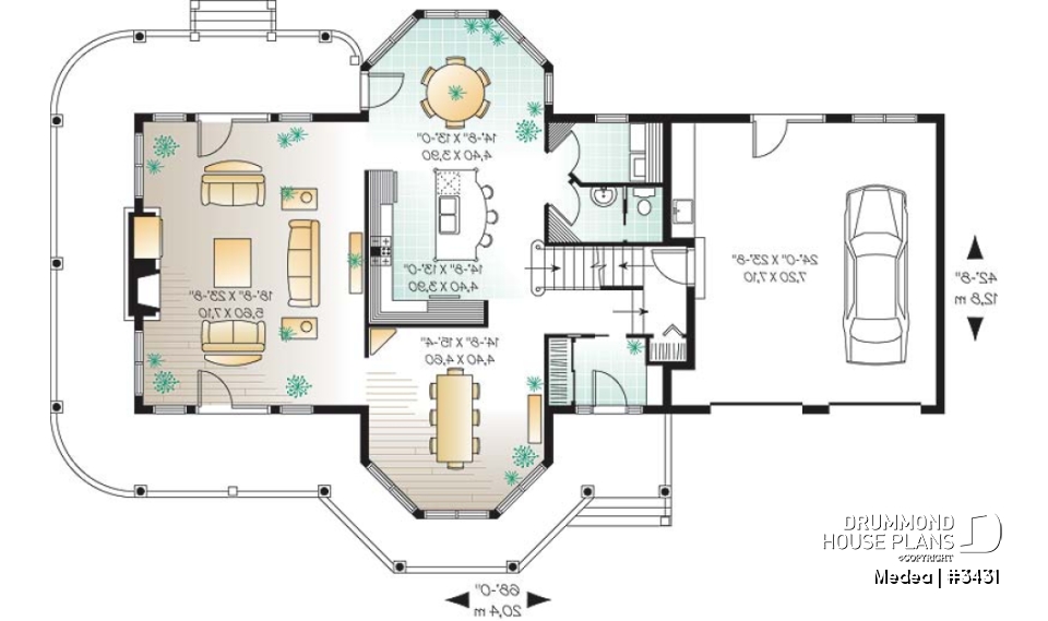 1st level - Modern Victorian home plan with 3 bedrooms, 2 living rooms, plenty of natural lights, 2-car garage - Medea