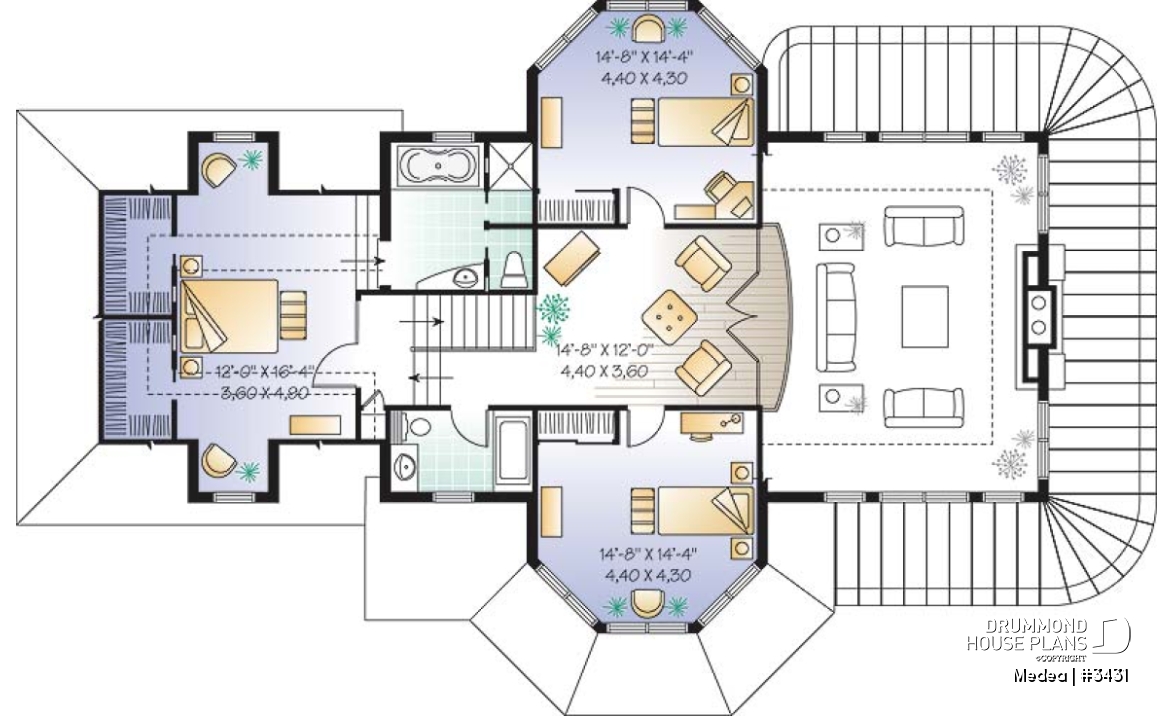 2nd level - Modern Victorian home plan with 3 bedrooms, 2 living rooms, plenty of natural lights, 2-car garage - Medea