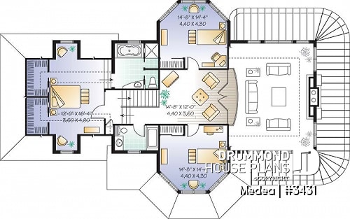 2nd level - Modern Victorian home plan with 3 bedrooms, 2 living rooms, plenty of natural lights, 2-car garage - Medea