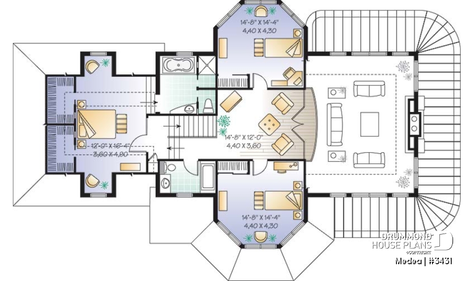 2nd level - Modern Victorian home plan with 3 bedrooms, 2 living rooms, plenty of natural lights, 2-car garage - Medea