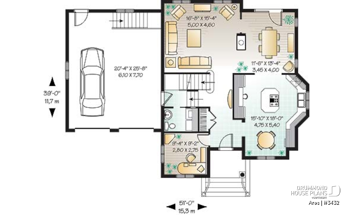 1st level - Two-story house plan with x-large bonus room, master suite with private balcony, home office, 2-car garage - Ares