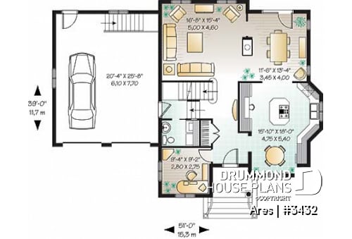 1st level - Two-story house plan with x-large bonus room, master suite with private balcony, home office, 2-car garage - Ares