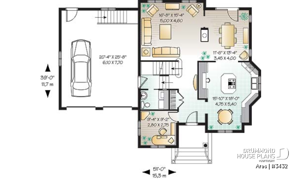 1st level - Two-story house plan with x-large bonus room, master suite with private balcony, home office, 2-car garage - Ares