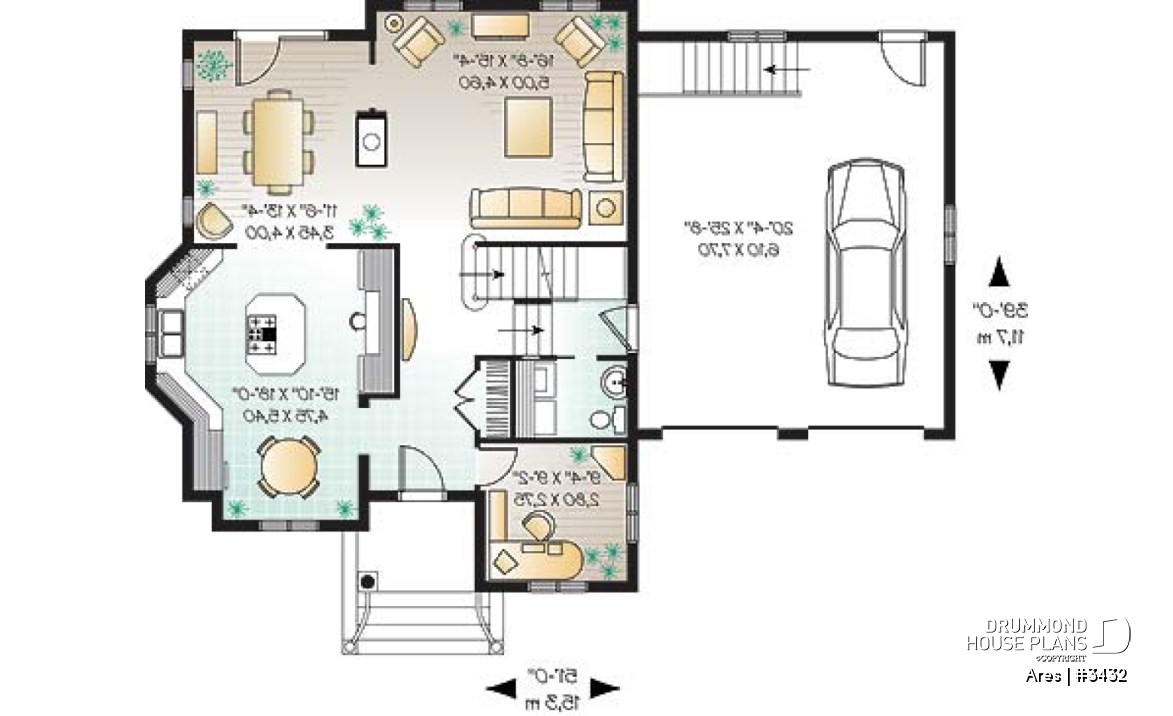 1st level - Two-story house plan with x-large bonus room, master suite with private balcony, home office, 2-car garage - Ares
