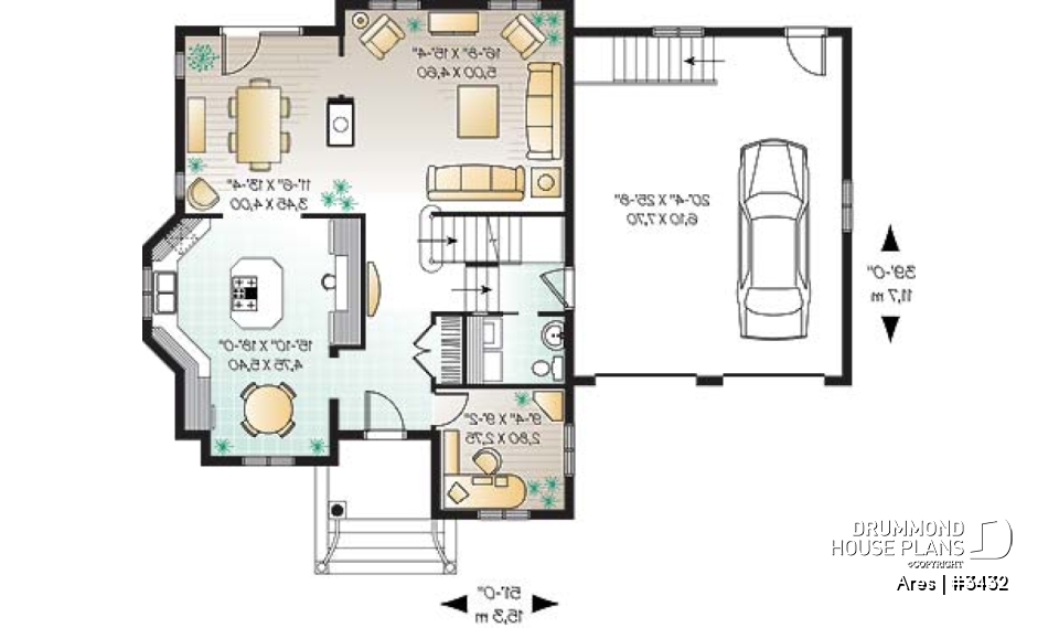 1st level - Two-story house plan with x-large bonus room, master suite with private balcony, home office, 2-car garage - Ares