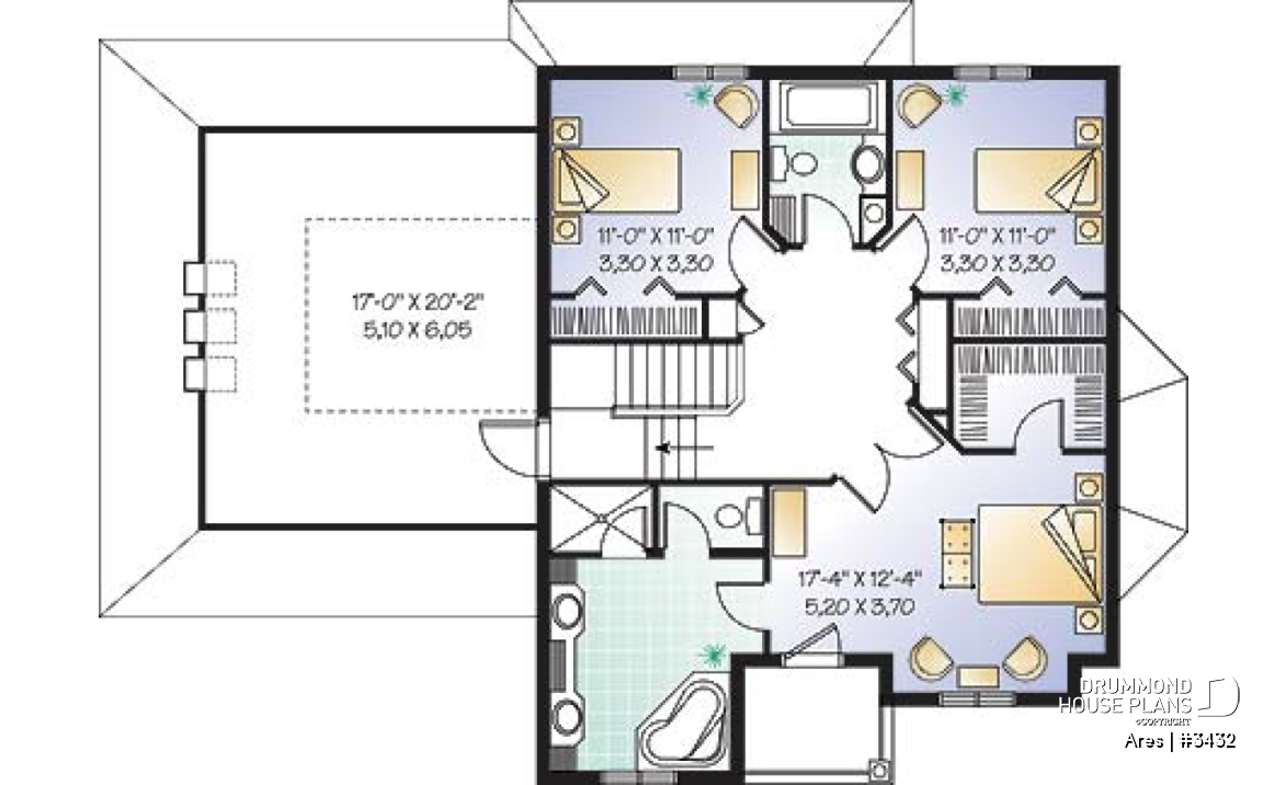 2nd level - Two-story house plan with x-large bonus room, master suite with private balcony, home office, 2-car garage - Ares