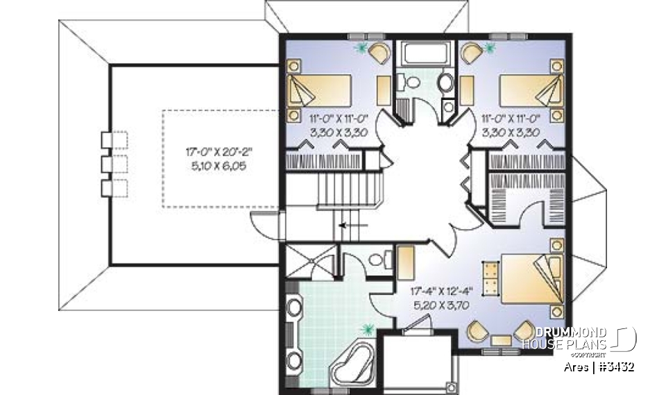 2nd level - Two-story house plan with x-large bonus room, master suite with private balcony, home office, 2-car garage - Ares