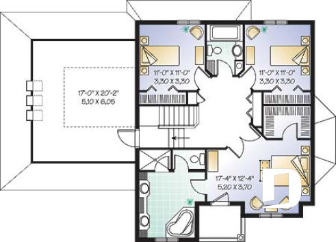 2nd level - Two-story house plan with x-large bonus room, master suite with private balcony, home office, 2-car garage - Ares