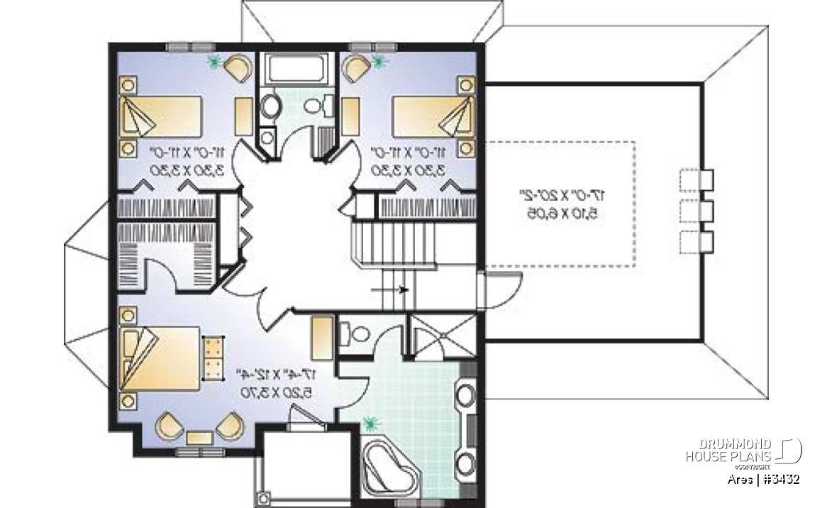 2nd level - Two-story house plan with x-large bonus room, master suite with private balcony, home office, 2-car garage - Ares
