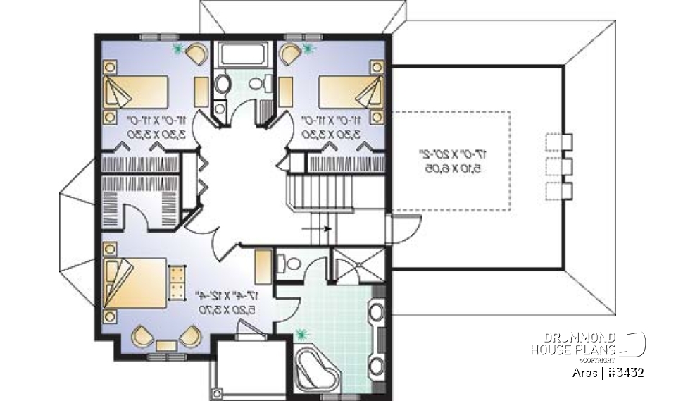 2nd level - Two-story house plan with x-large bonus room, master suite with private balcony, home office, 2-car garage - Ares
