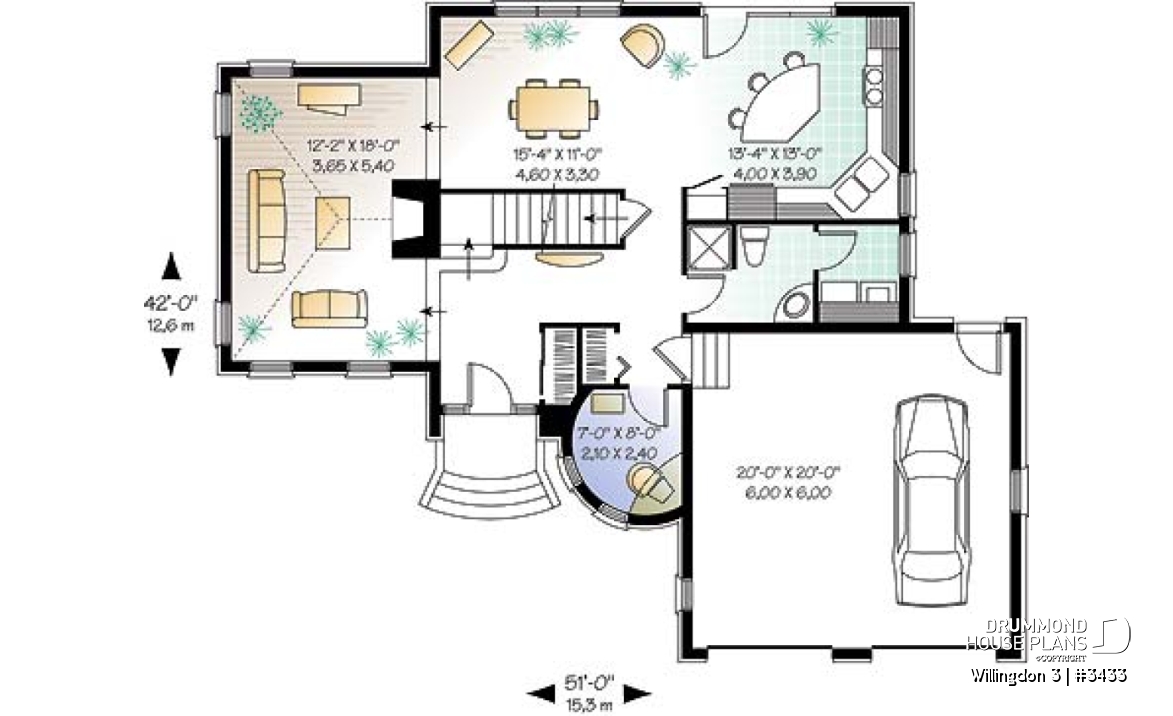 1st level - European 3 bedroom house plan with a 2-car garage, 3 bedrooms, home office, sunken living room - Willingdon 3