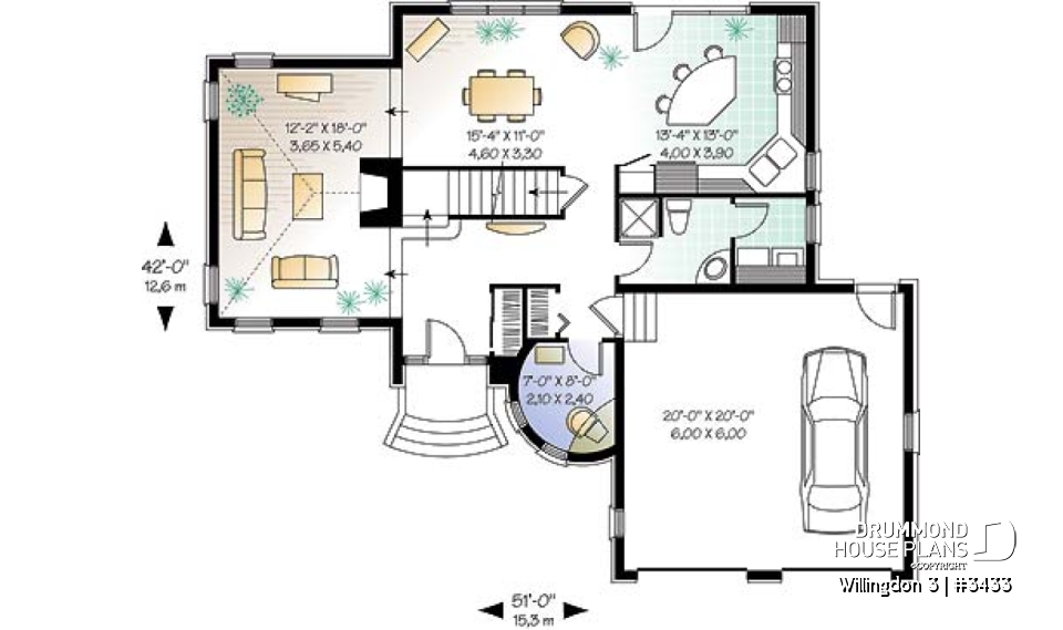 1st level - European 3 bedroom house plan with a 2-car garage, 3 bedrooms, home office, sunken living room - Willingdon 3