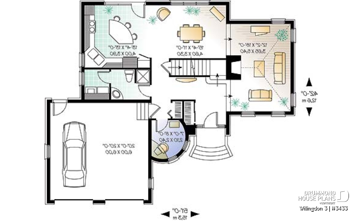 1st level - European 3 bedroom house plan with a 2-car garage, 3 bedrooms, home office, sunken living room - Willingdon 3