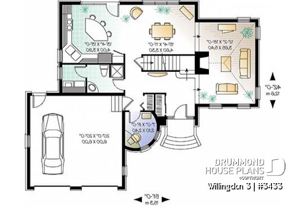 1st level - European 3 bedroom house plan with a 2-car garage, 3 bedrooms, home office, sunken living room - Willingdon 3