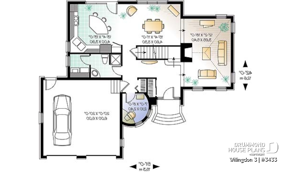 1st level - European 3 bedroom house plan with a 2-car garage, 3 bedrooms, home office, sunken living room - Willingdon 3