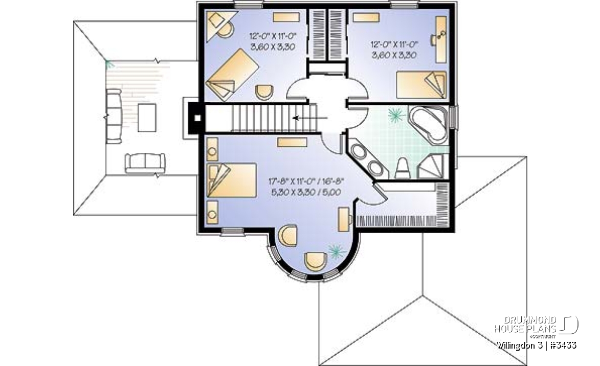2nd level - European 3 bedroom house plan with a 2-car garage, 3 bedrooms, home office, sunken living room - Willingdon 3