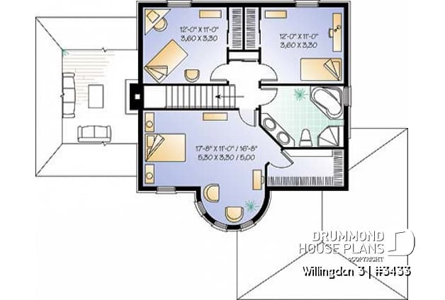 2nd level - European 3 bedroom house plan with a 2-car garage, 3 bedrooms, home office, sunken living room - Willingdon 3