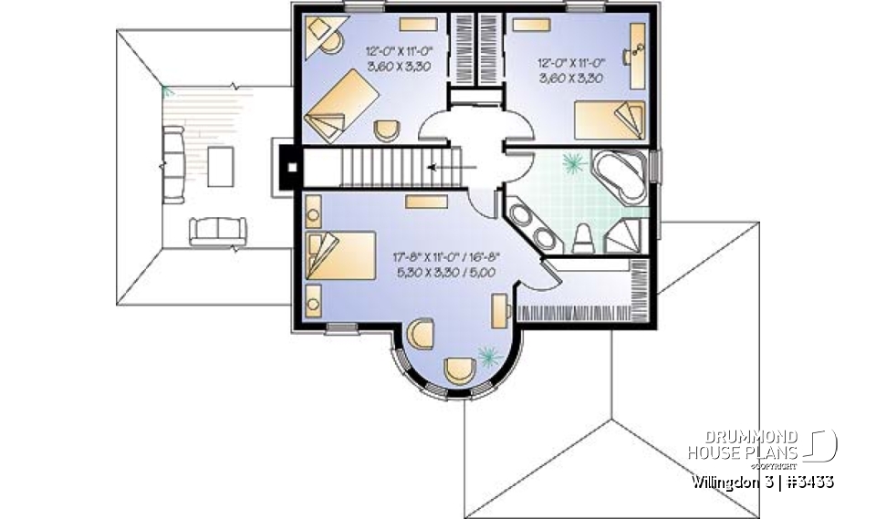 2nd level - European 3 bedroom house plan with a 2-car garage, 3 bedrooms, home office, sunken living room - Willingdon 3