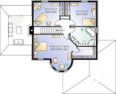 2nd level - European 3 bedroom house plan with a 2-car garage, 3 bedrooms, home office, sunken living room - Willingdon 3