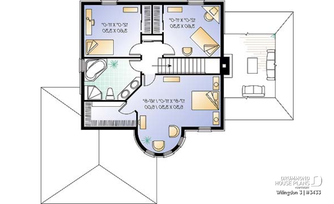 2nd level - European 3 bedroom house plan with a 2-car garage, 3 bedrooms, home office, sunken living room - Willingdon 3