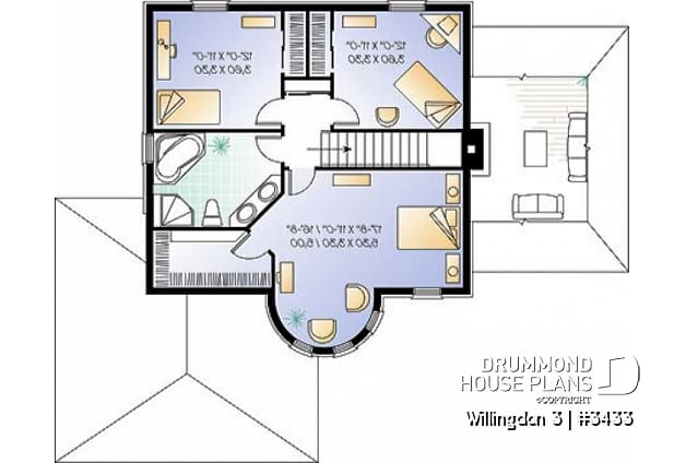2nd level - European 3 bedroom house plan with a 2-car garage, 3 bedrooms, home office, sunken living room - Willingdon 3