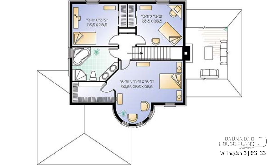 2nd level - European 3 bedroom house plan with a 2-car garage, 3 bedrooms, home office, sunken living room - Willingdon 3